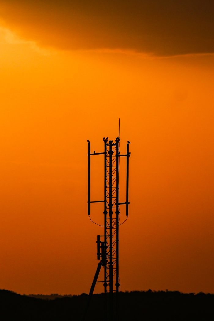 services-04 A striking silhouette of a cell tower against a vibrant orange sunset sky.